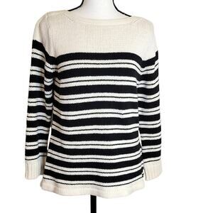 Calvin Klein Sweater Women's L Cream Black Stripe Cotton Blend Coastal Nautical